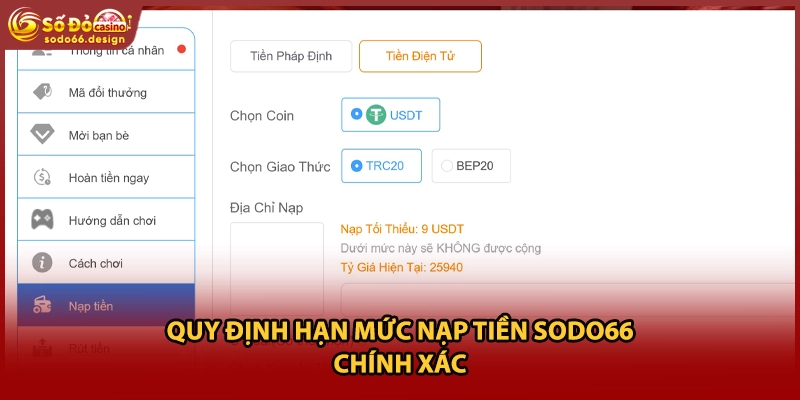 Quy định hạn mức nạp tiền Sodo66 chính xác